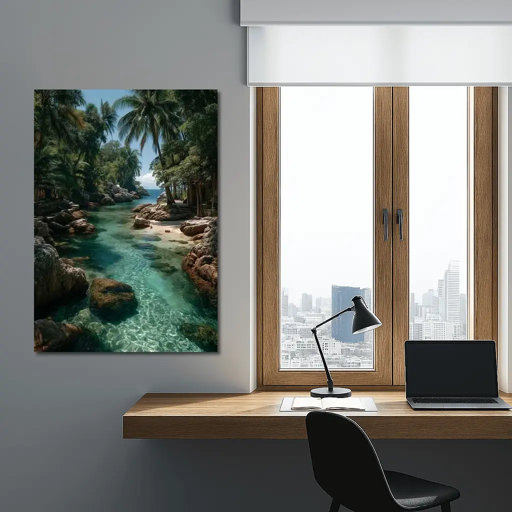 Tropical Clear River Rocky Palm Forest – Wall Art