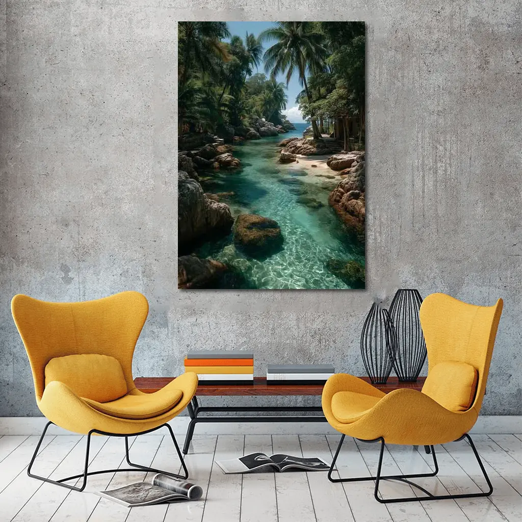Tropical Clear River Rocky Palm Forest – Wall Art