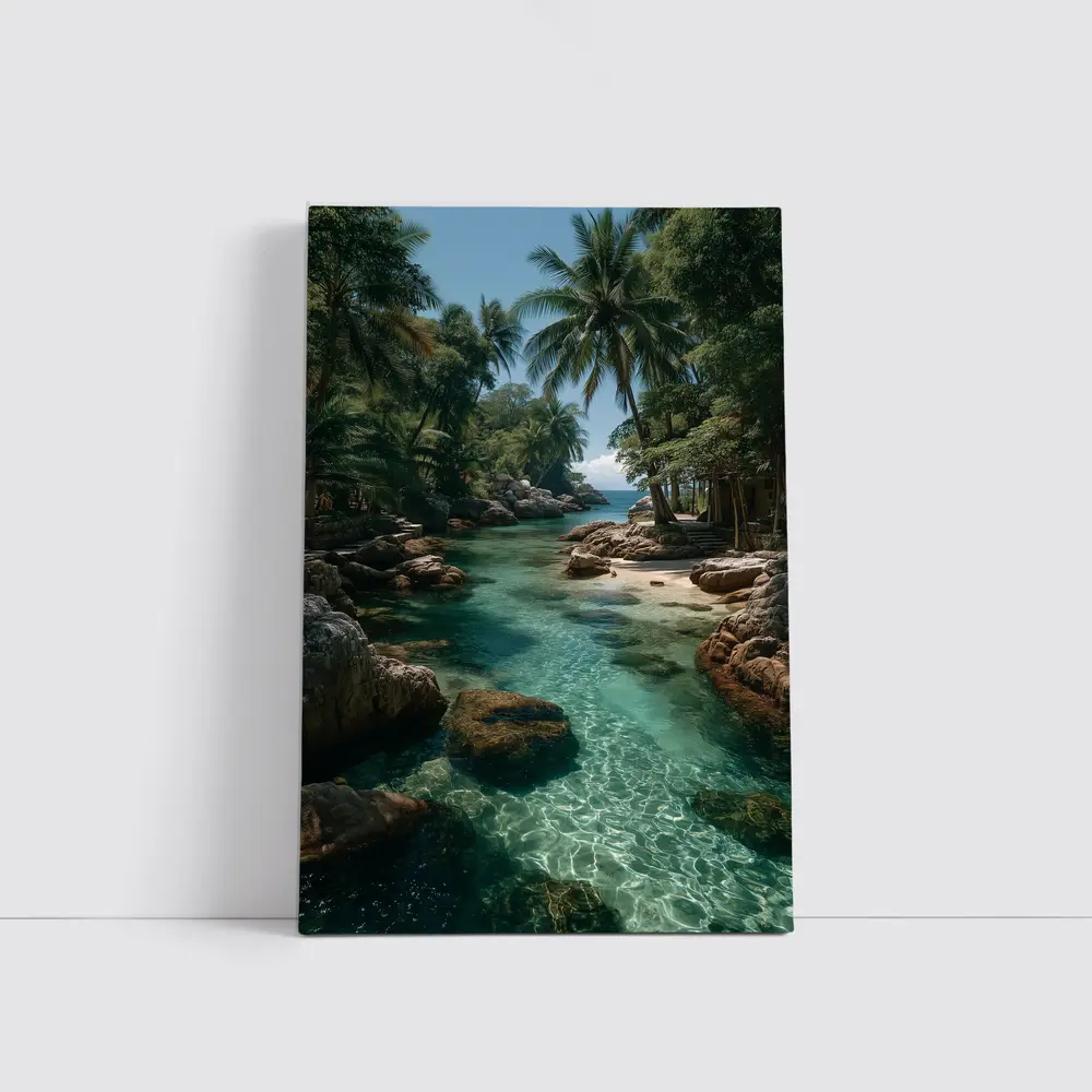 Tropical Clear River Rocky Palm Forest – Wall Art