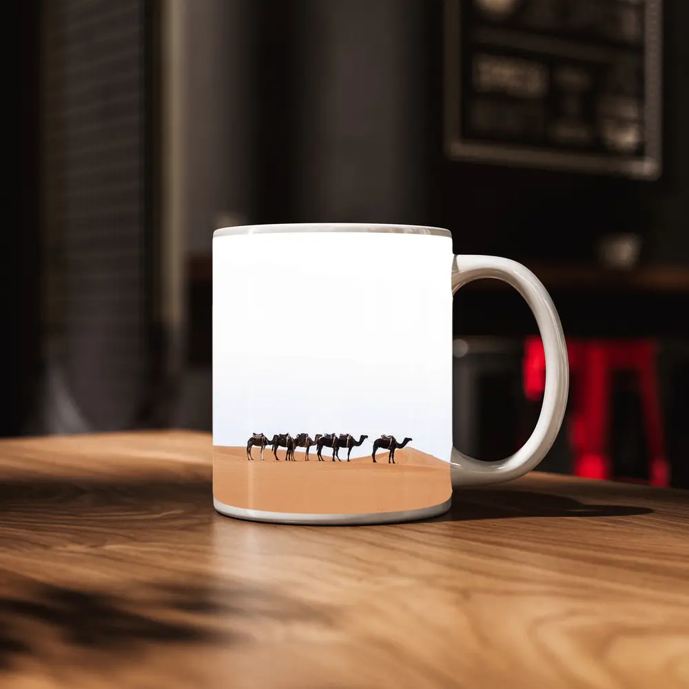 Camel Caravan Walking Across Desert Dunes – Mugs