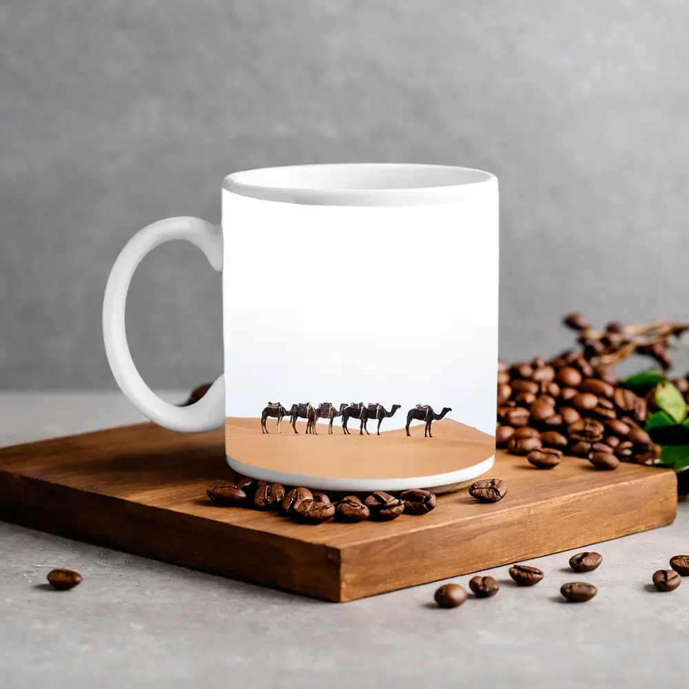 Camel Caravan Walking Across Desert Dunes – Mugs