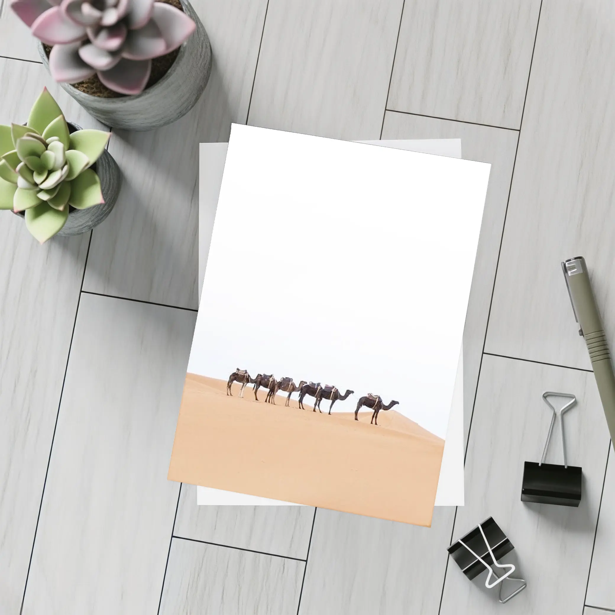 Camel Caravan Walking Across Desert Dunes – Postcards