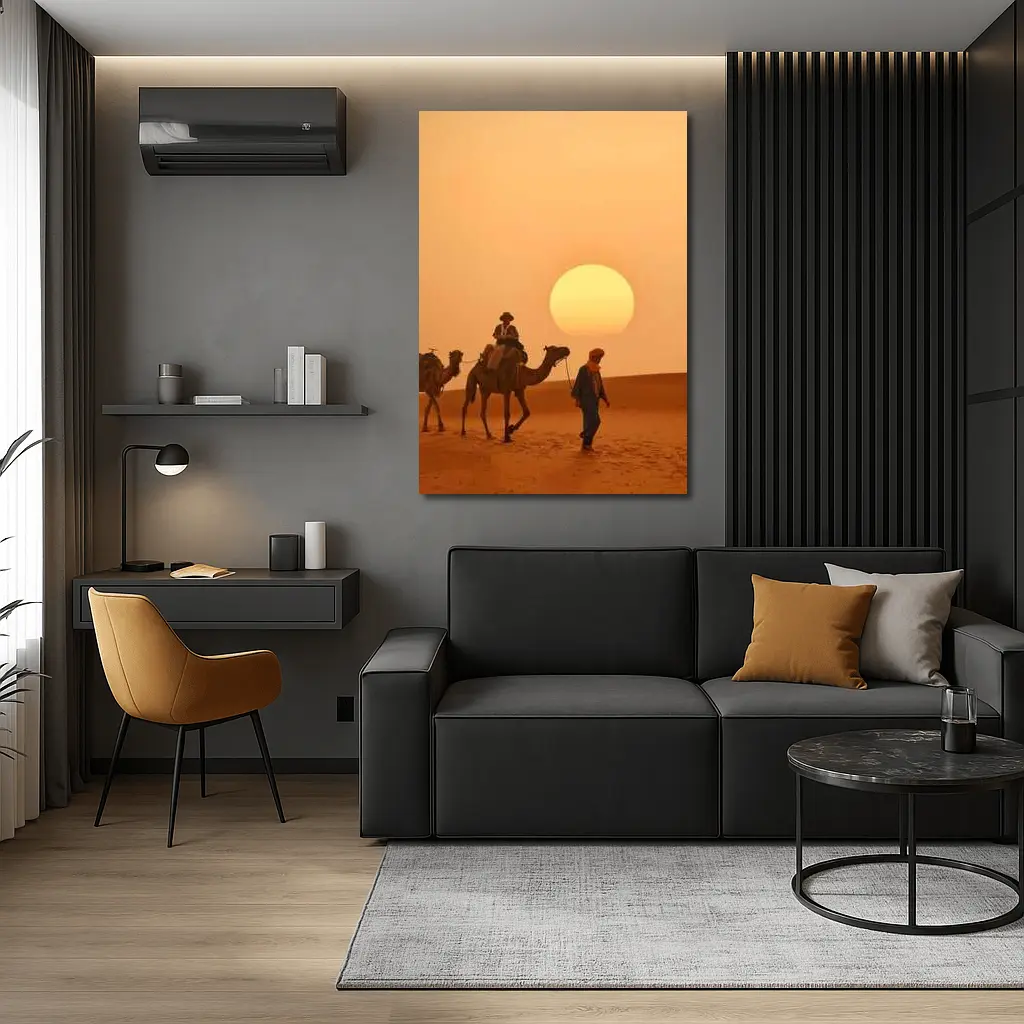 Camel Caravan Walking Desert Golden Sunset – Wall Art