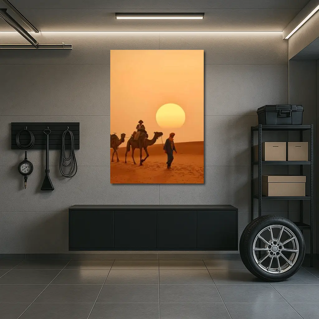 Camel Caravan Walking Desert Golden Sunset – Wall Art