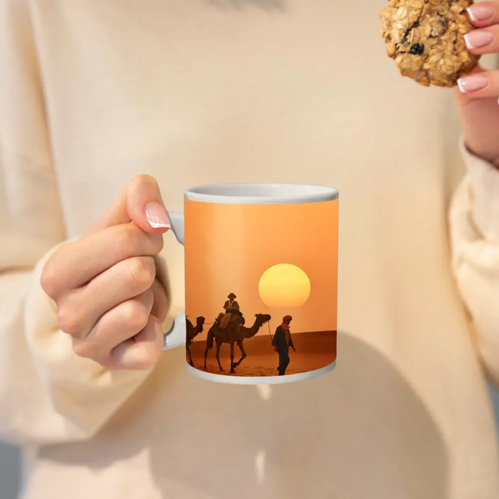Camel Caravan Walking Desert Golden Sunset – Mugs