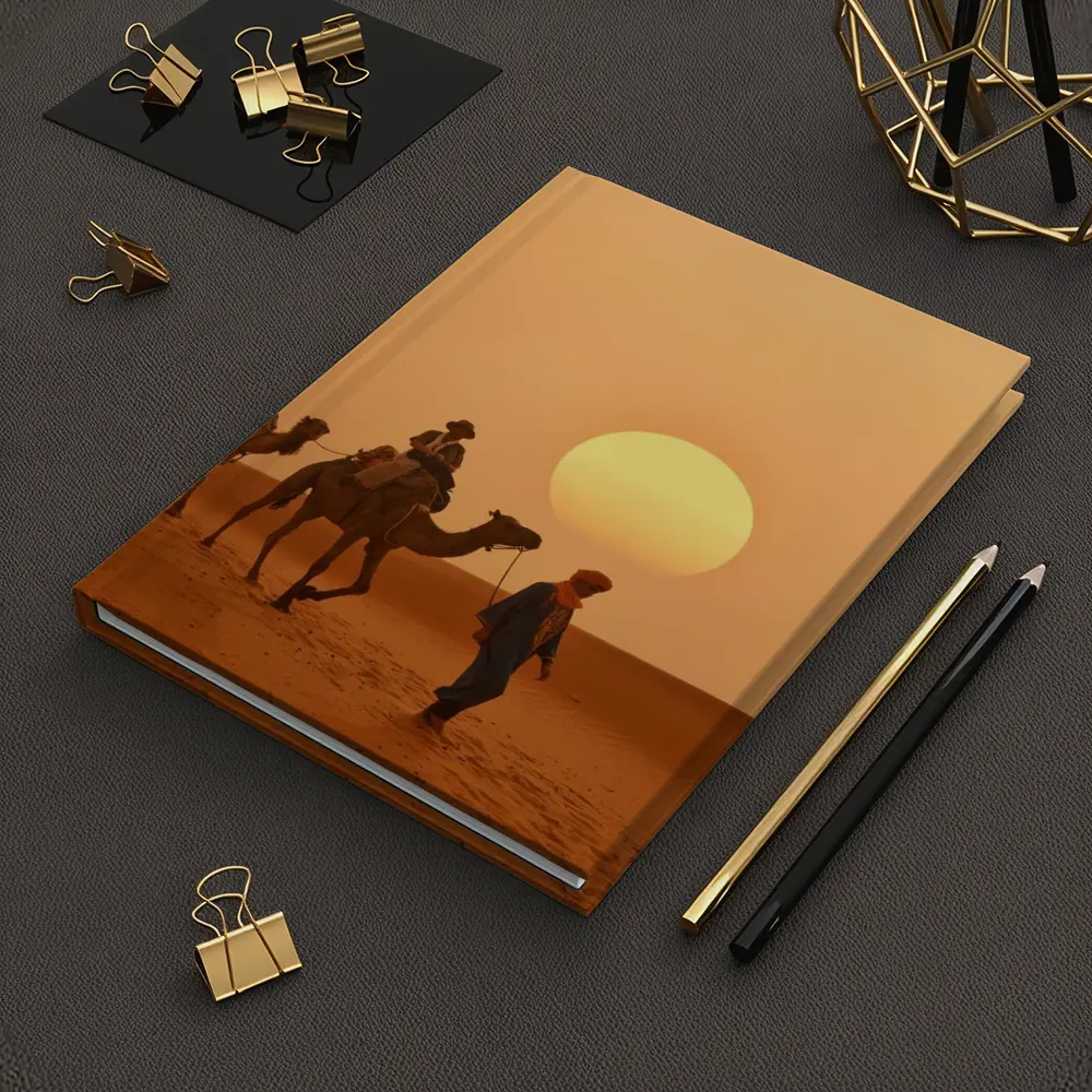 Camel Caravan Walking Desert Golden Sunset – Notebooks