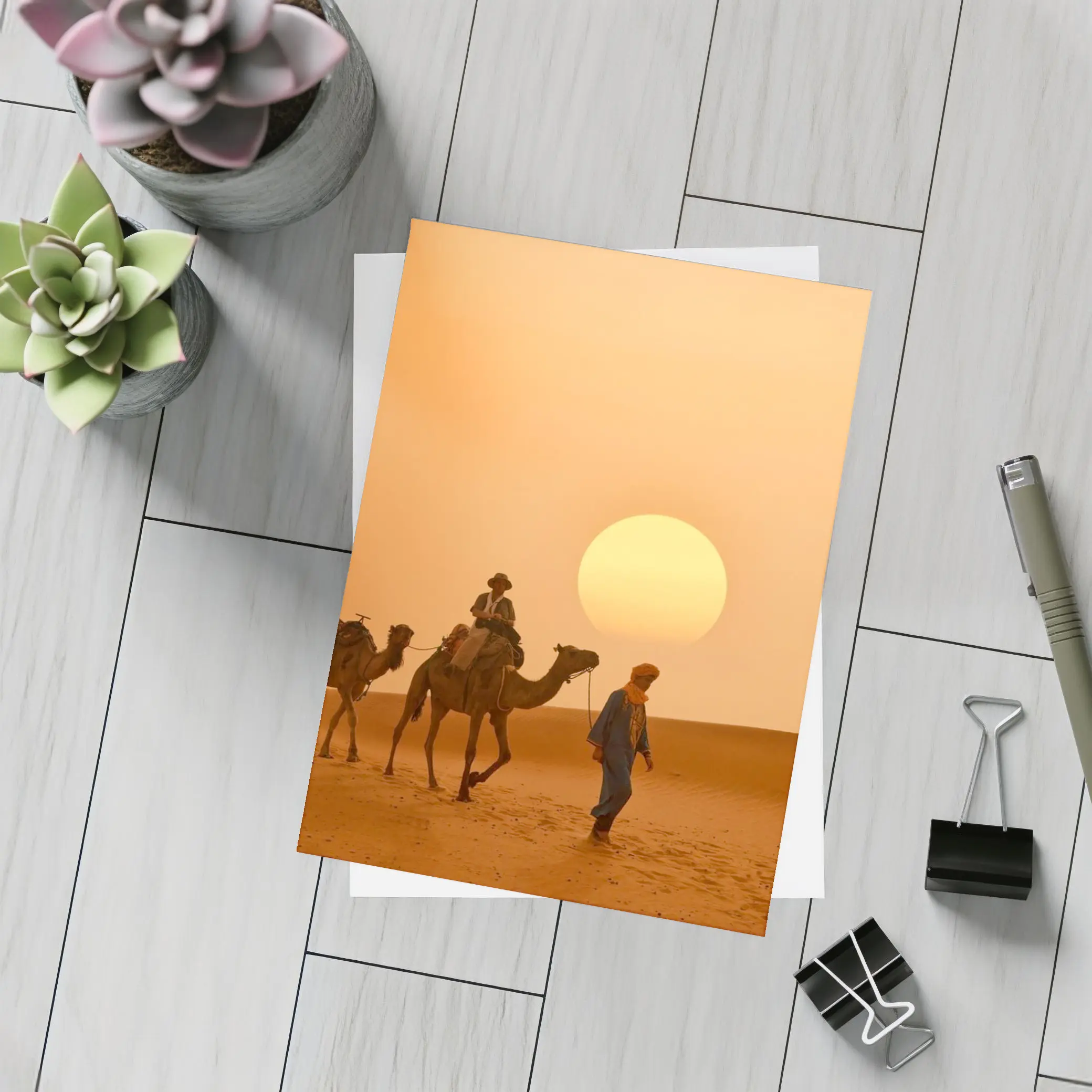 Camel Caravan Walking Desert Golden Sunset – Postcards