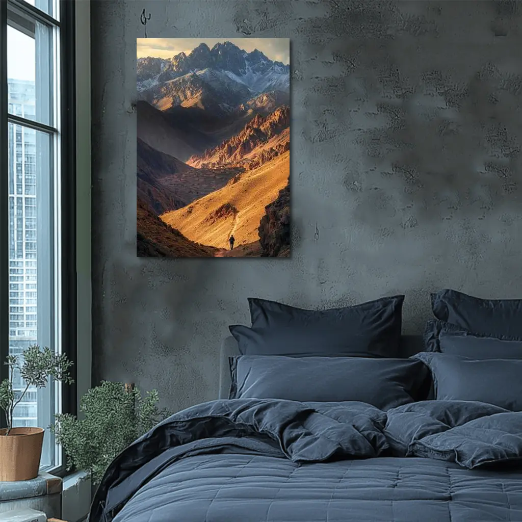 Lone Hiker Mountain Valley Golden Landscape – Wall Art