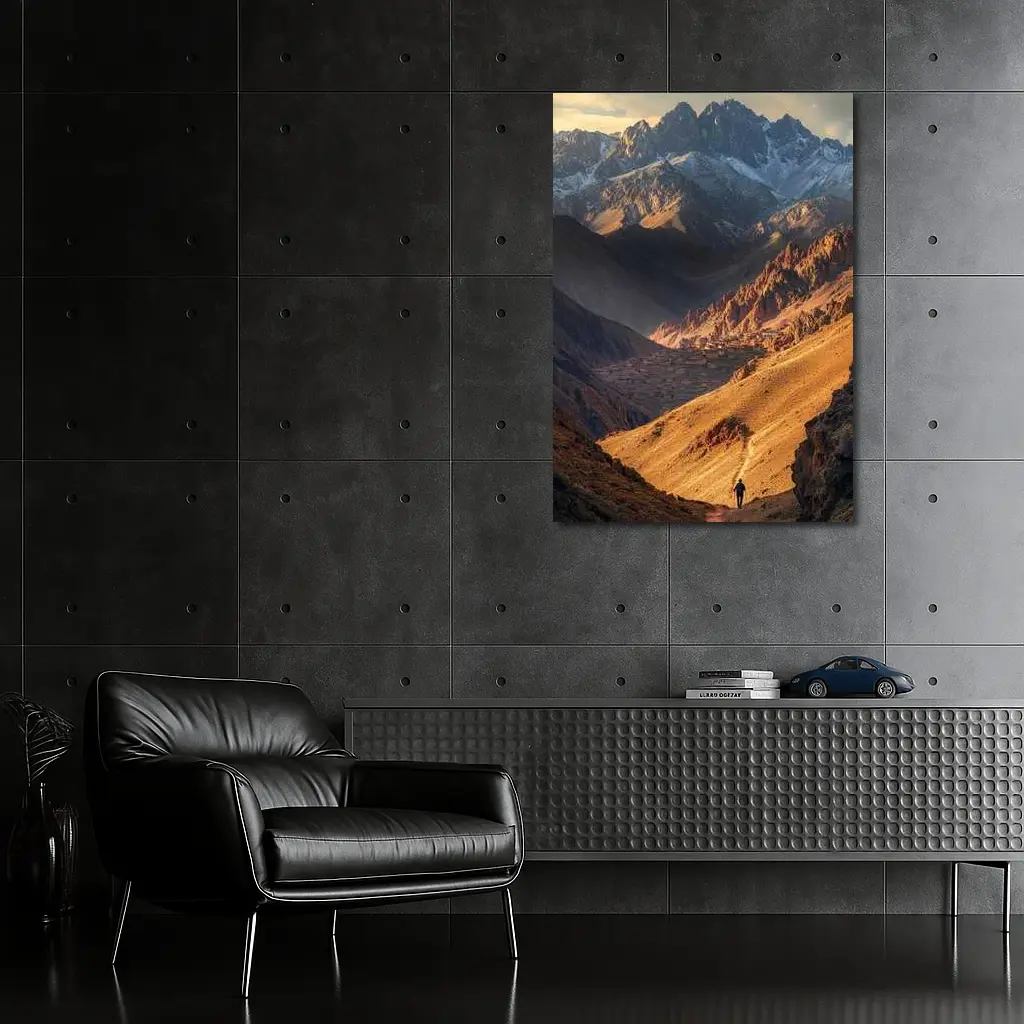 Lone Hiker Mountain Valley Golden Landscape – Wall Art