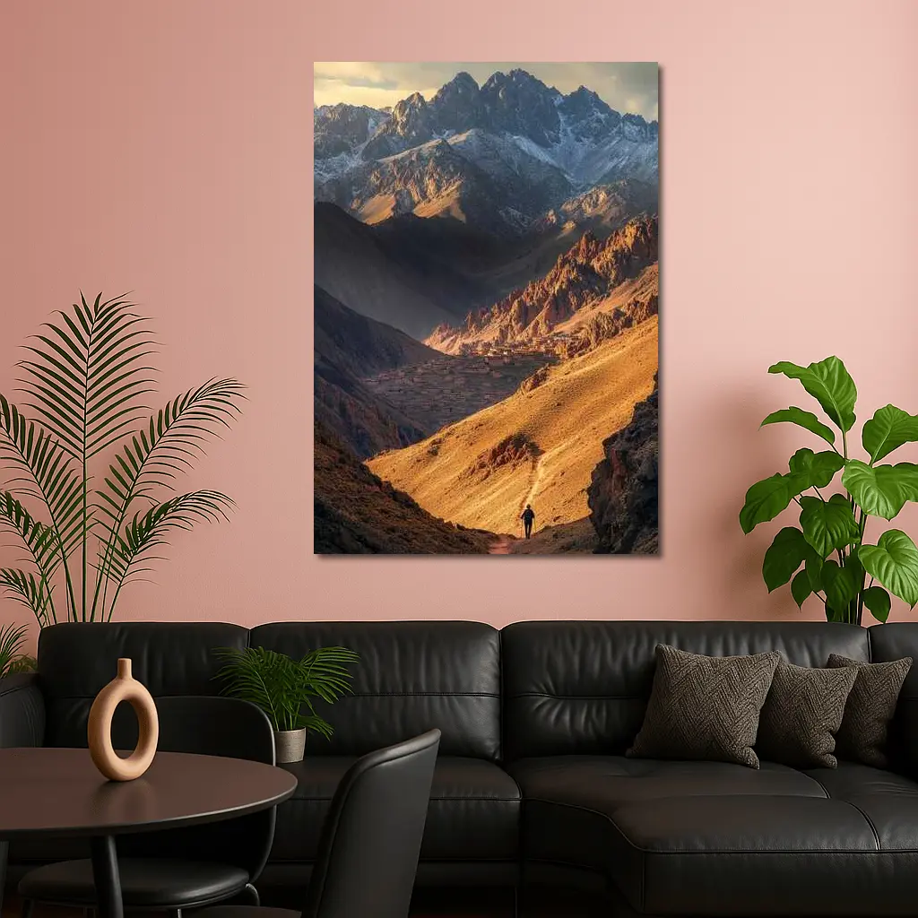 Lone Hiker Mountain Valley Golden Landscape – Wall Art