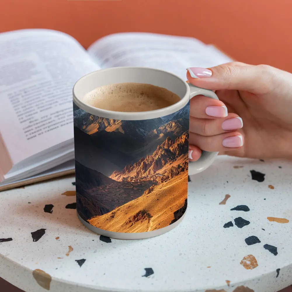 Lone Hiker Mountain Valley Golden Landscape – Mugs