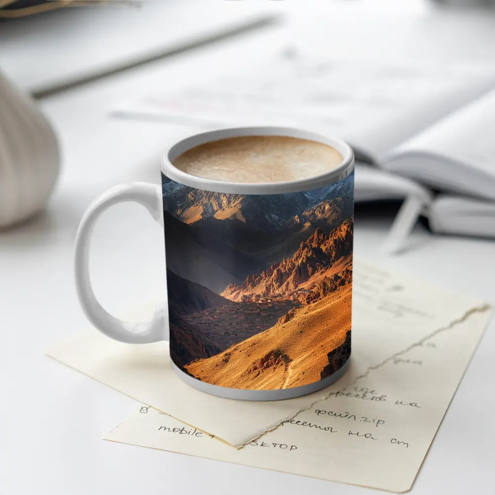 Lone Hiker Mountain Valley Golden Landscape – Mugs