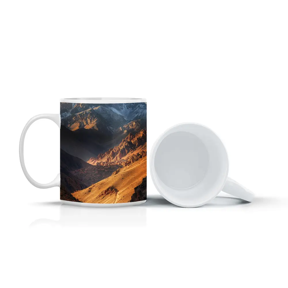 Lone Hiker Mountain Valley Golden Landscape – Mugs