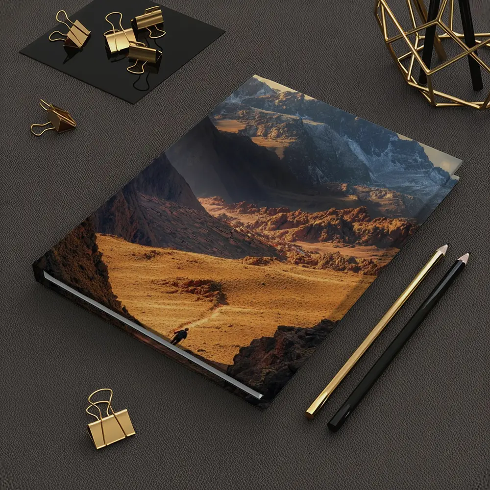 Lone Hiker Mountain Valley Golden Landscape – Notebooks