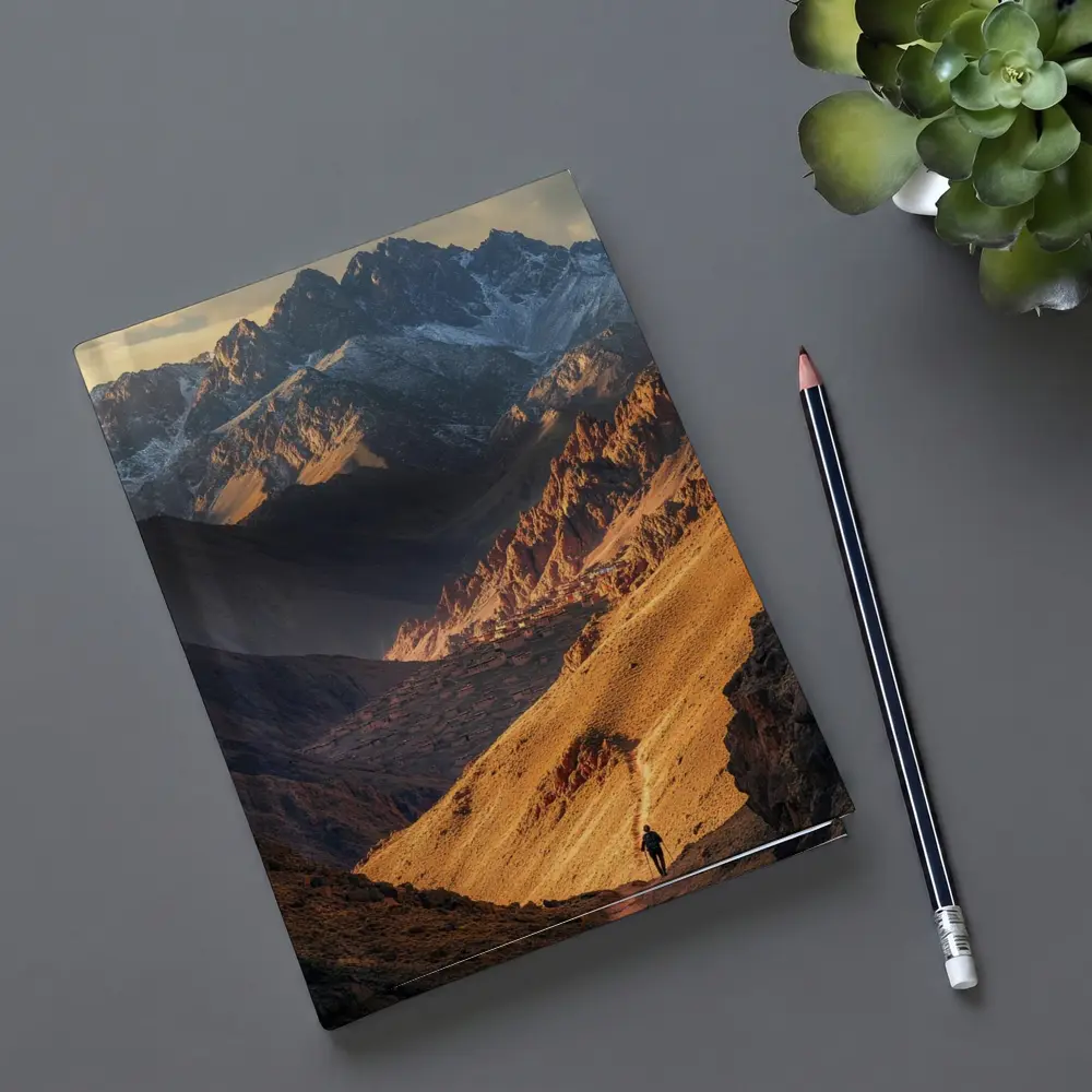 Lone Hiker Mountain Valley Golden Landscape – Notebooks