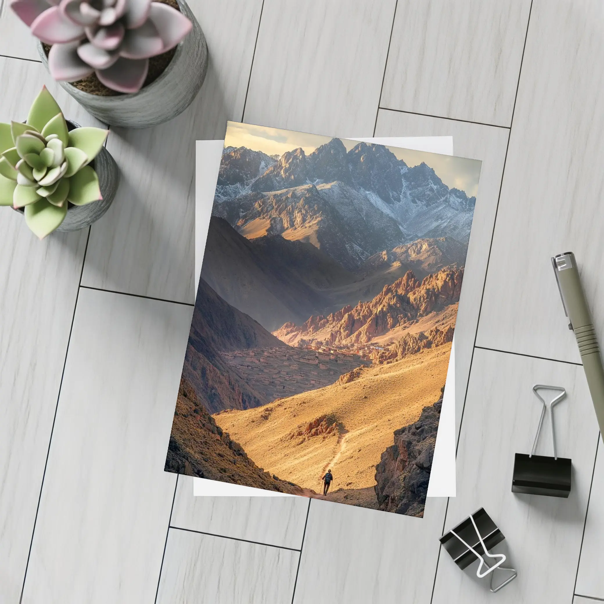Lone Hiker Mountain Valley Golden Landscape – Postcards