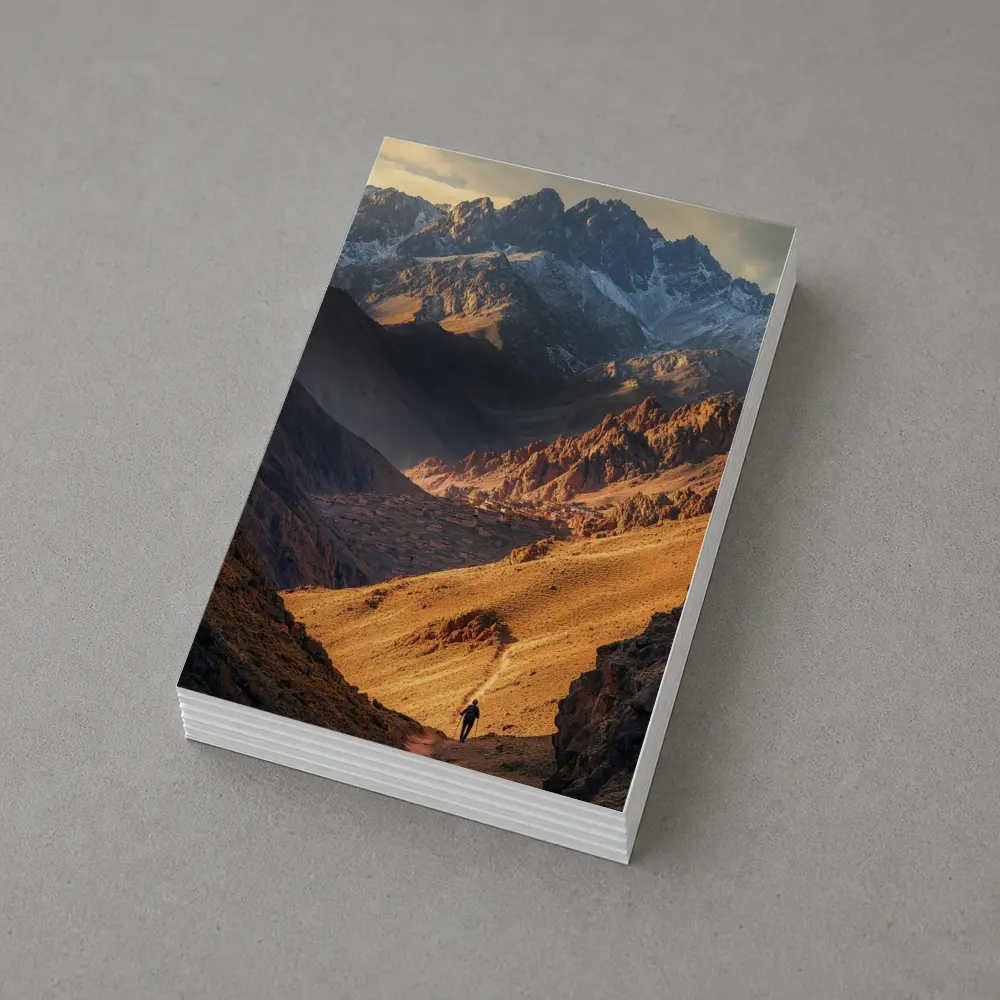 Lone Hiker Mountain Valley Golden Landscape – Postcards