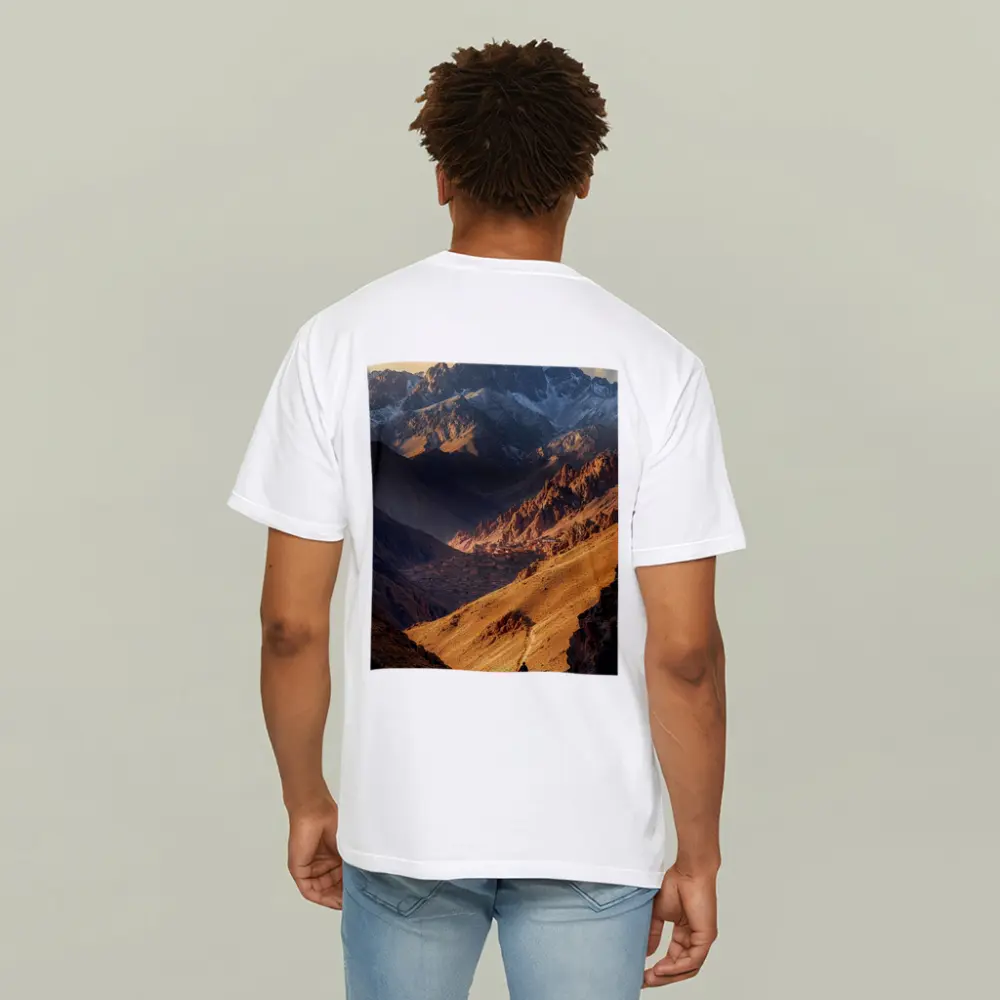 Lone Hiker Mountain Valley Golden Landscape – T-Shirts