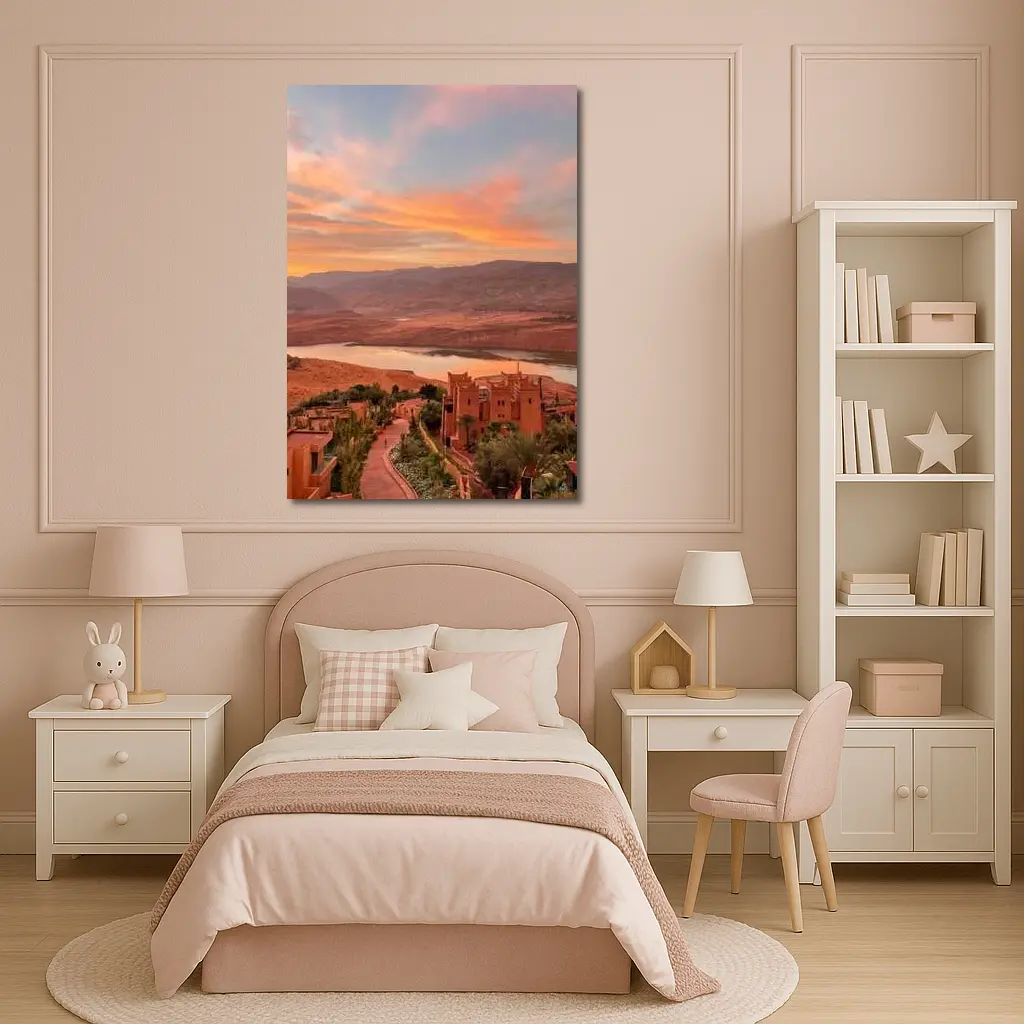 Morocco Sunset Village Lake Mountain View – Wall Art