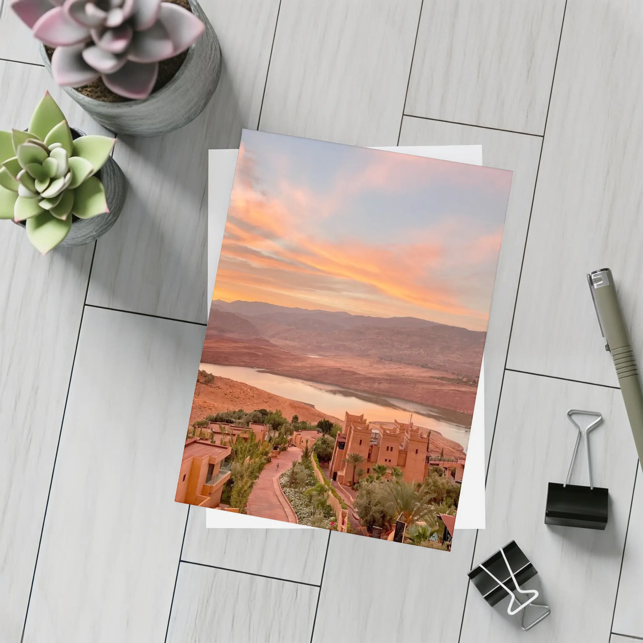 Morocco Sunset Village Lake Mountain View – Postcards