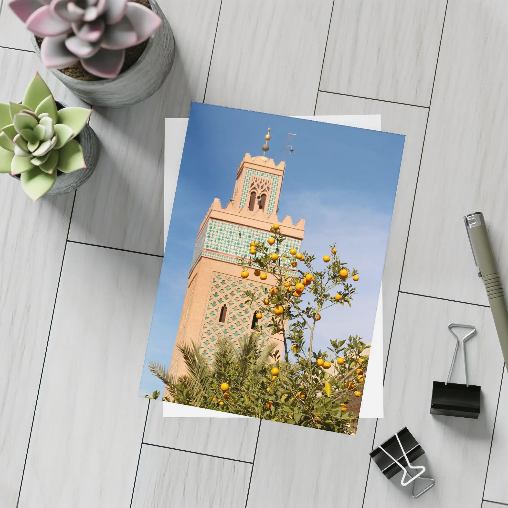 Marrakech Minaret Orange Tree Blue Sky – Postcards