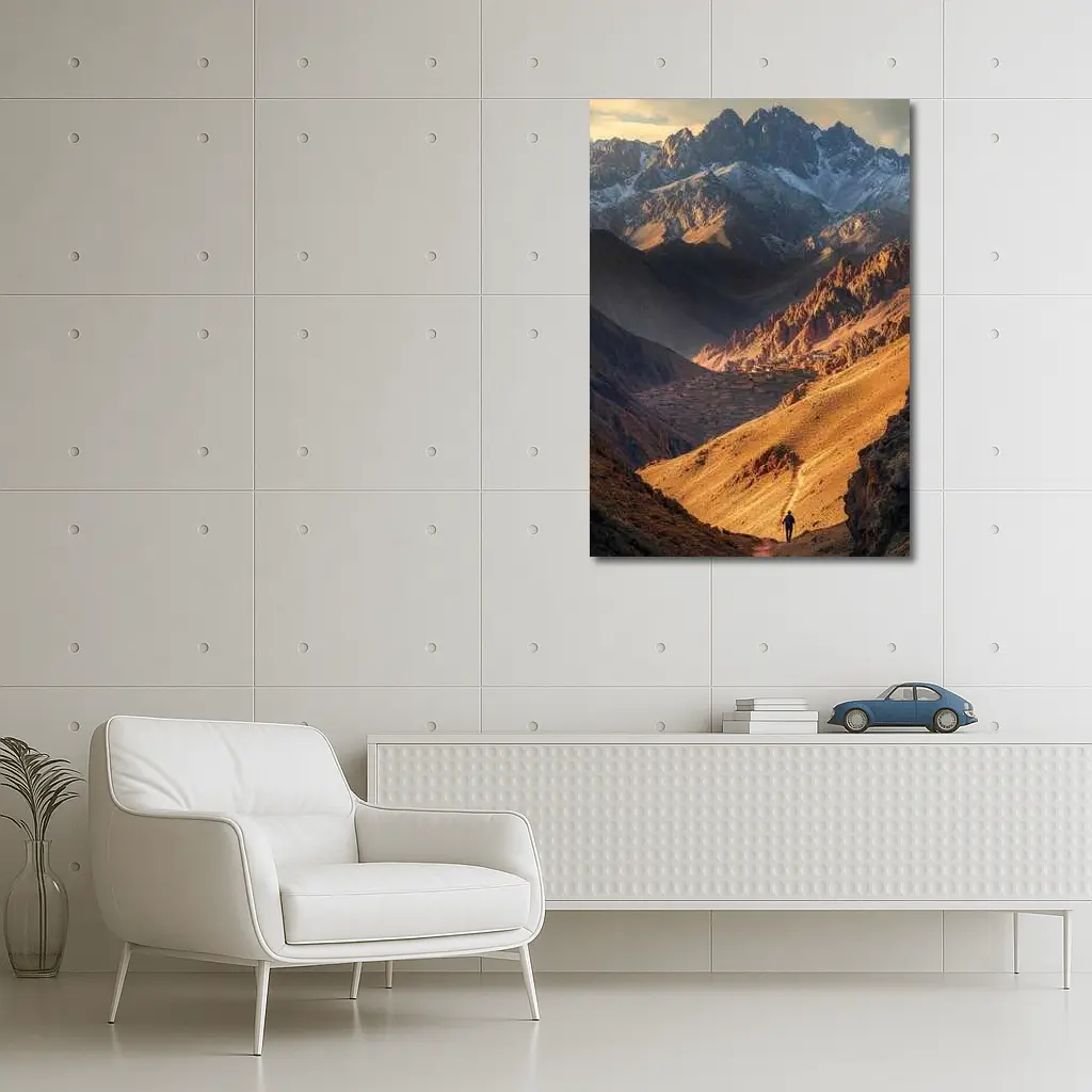Lone Hiker Mountain Valley Golden Landscape – Wall Art
