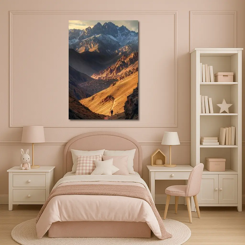 Lone Hiker Mountain Valley Golden Landscape – Wall Art