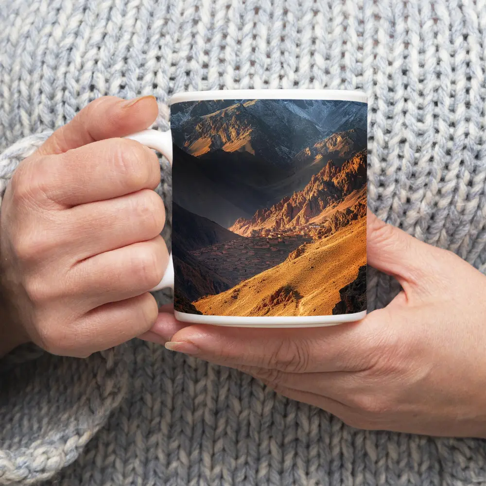 Lone Hiker Mountain Valley Golden Landscape – Mugs