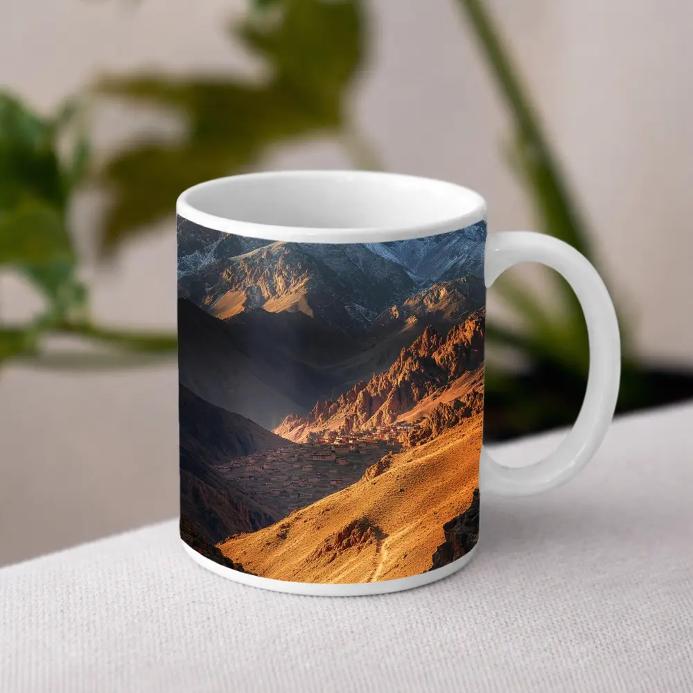 Lone Hiker Mountain Valley Golden Landscape – Mugs