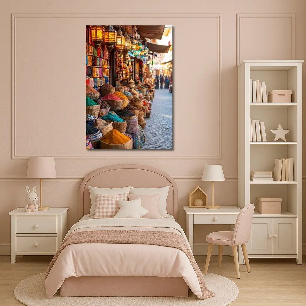 Marrakech Spice Market Colorful Bazaar Street – Wall Art