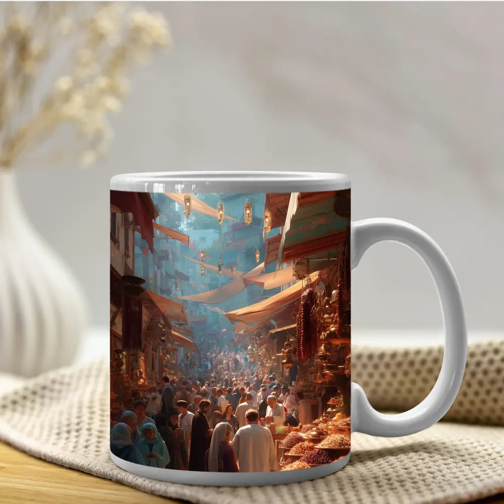 Busy Middle Eastern Bazaar Market Street Scene – Mugs