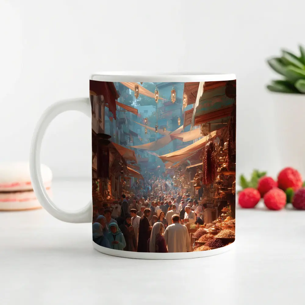 Busy Middle Eastern Bazaar Market Street Scene – Mugs