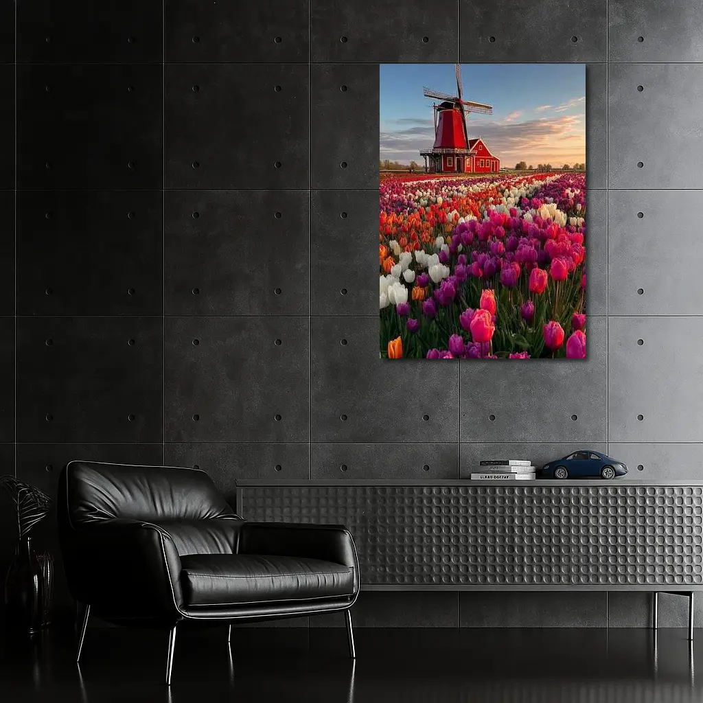 Dutch Windmill Red Tulip Field Landscape – Wall Art