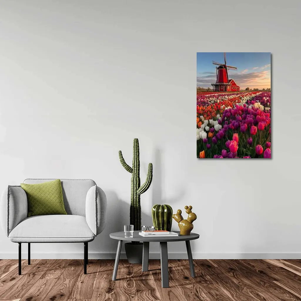 Dutch Windmill Red Tulip Field Landscape – Wall Art