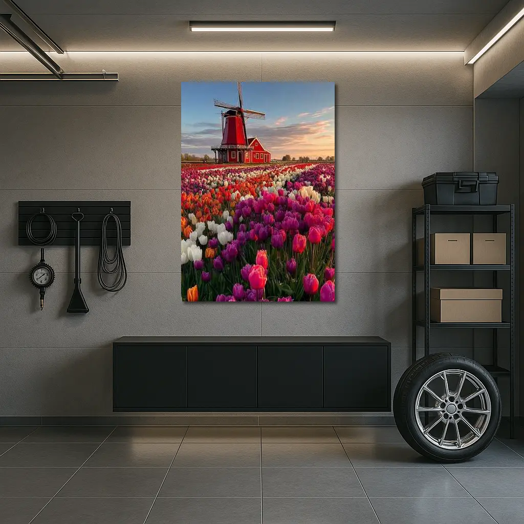 Dutch Windmill Red Tulip Field Landscape – Wall Art
