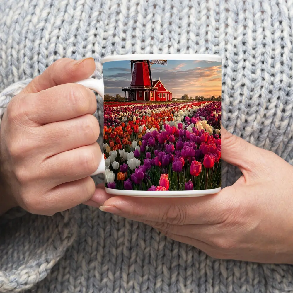 Dutch Windmill Red Tulip Field Landscape – Mugs