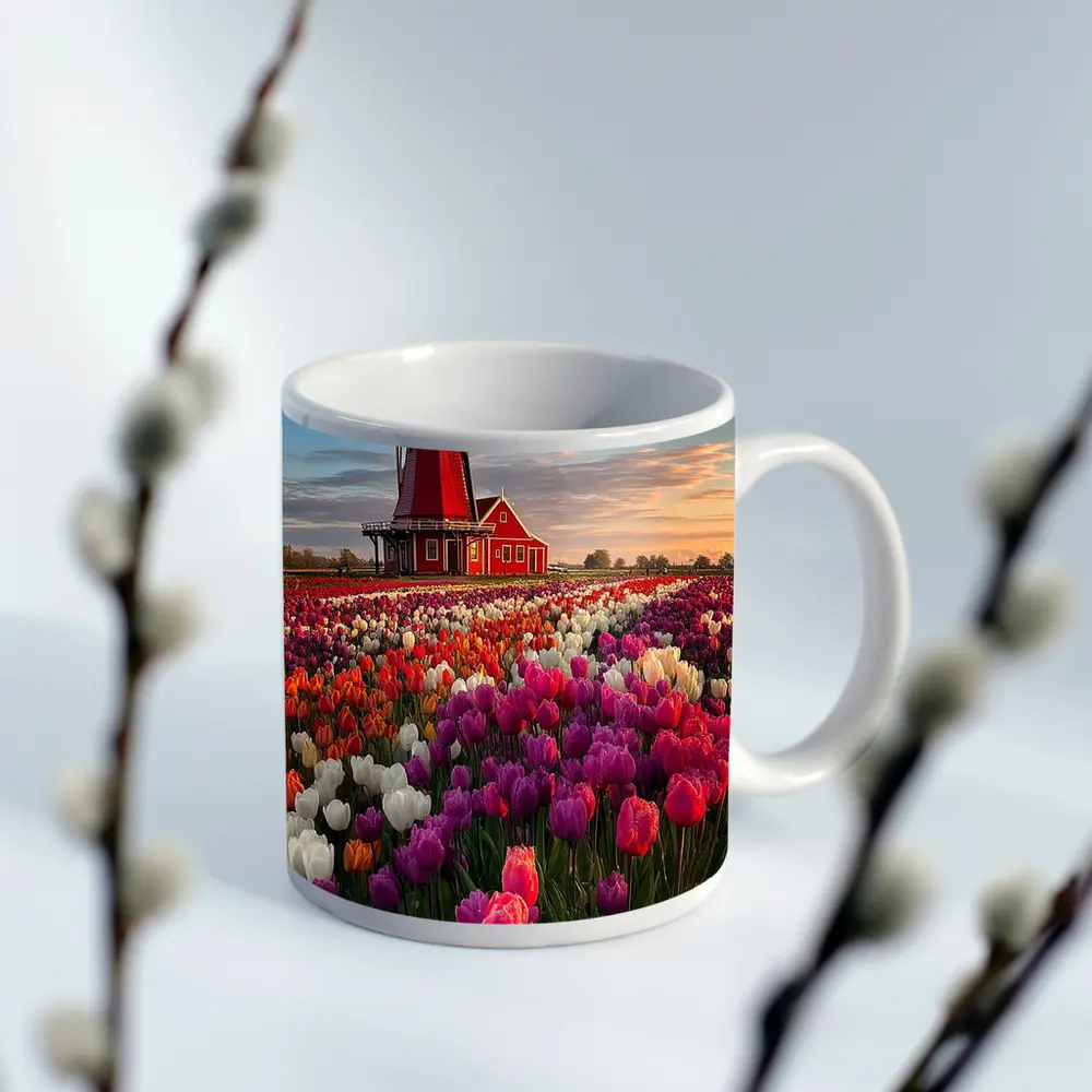 Dutch Windmill Red Tulip Field Landscape – Mugs