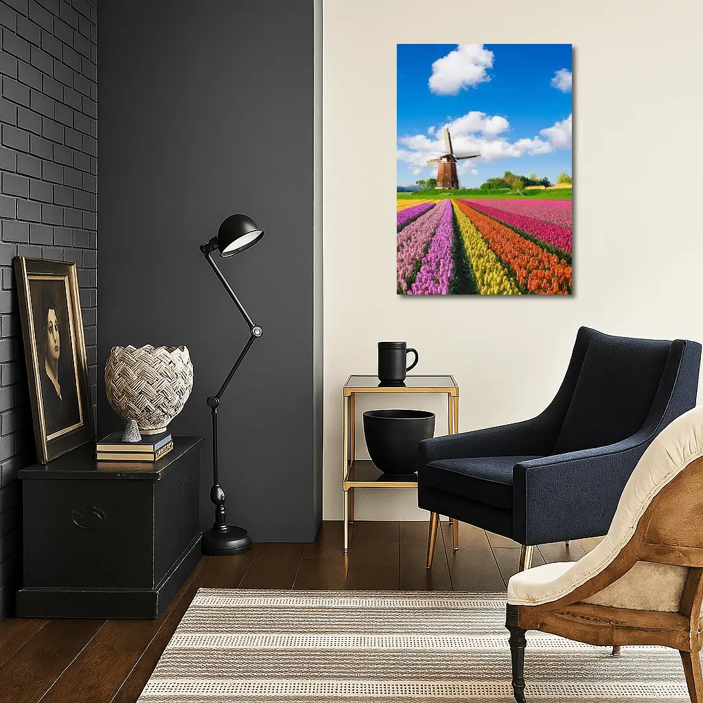 Dutch Tulip Field Windmill Blue Sky – Wall Art