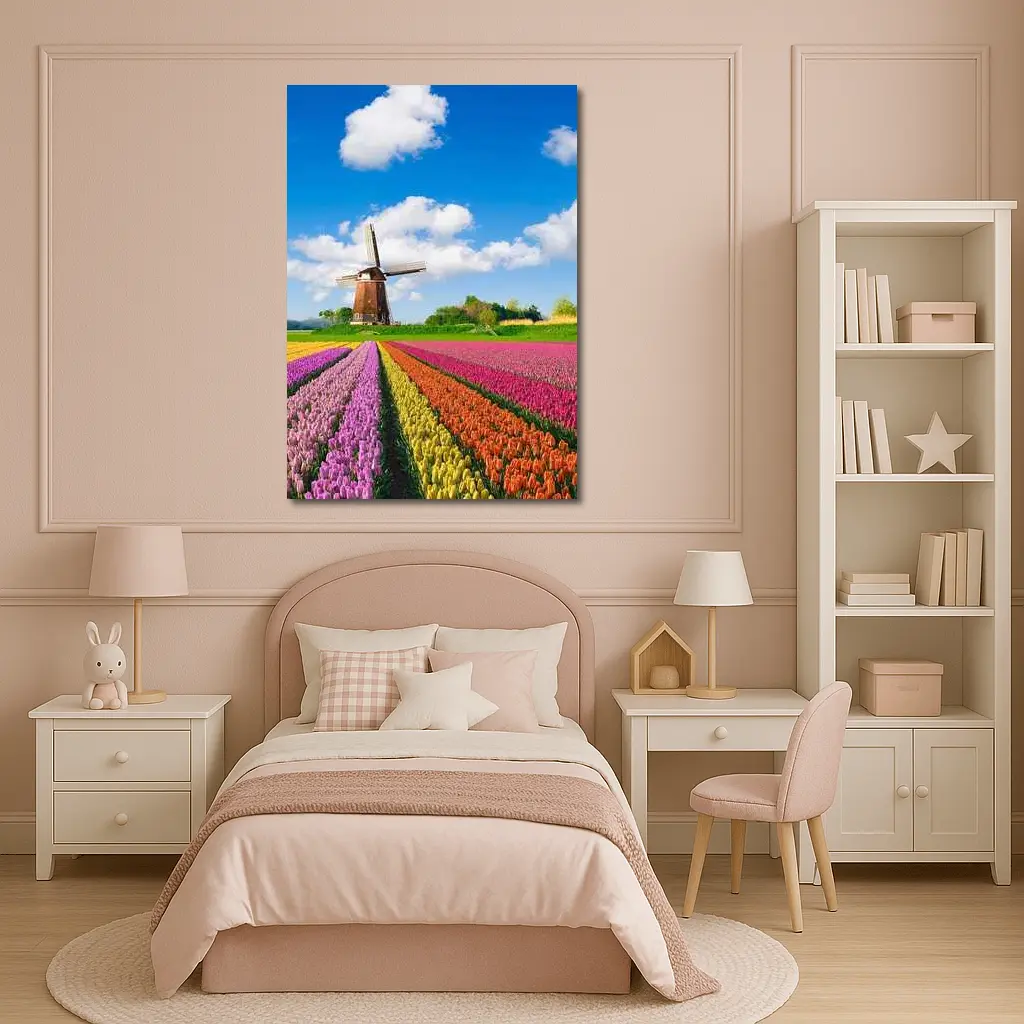 Dutch Tulip Field Windmill Blue Sky – Wall Art