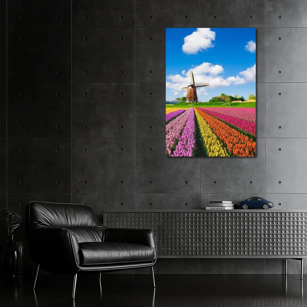 Dutch Tulip Field Windmill Blue Sky – Wall Art