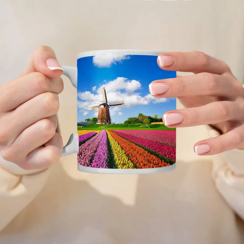 Dutch Tulip Field Windmill Blue Sky – Mugs
