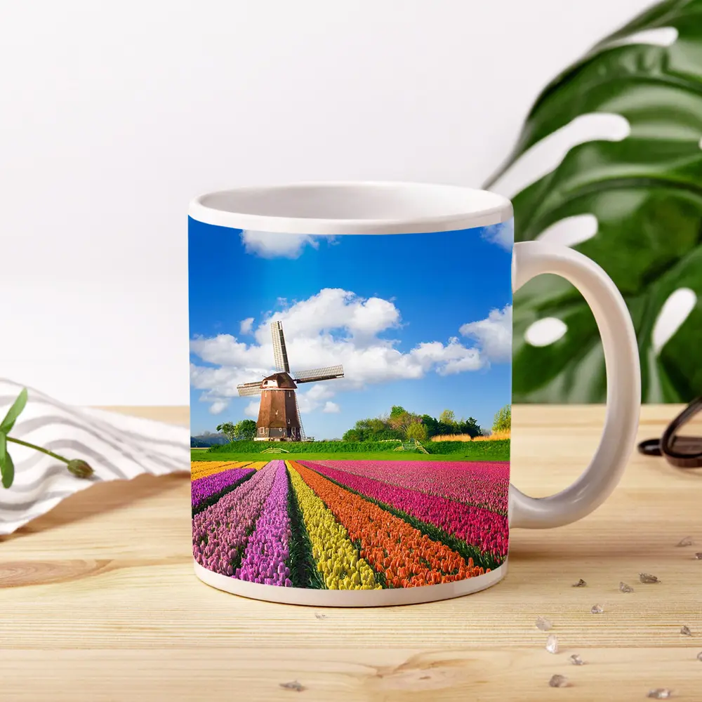 Dutch Tulip Field Windmill Blue Sky – Mugs