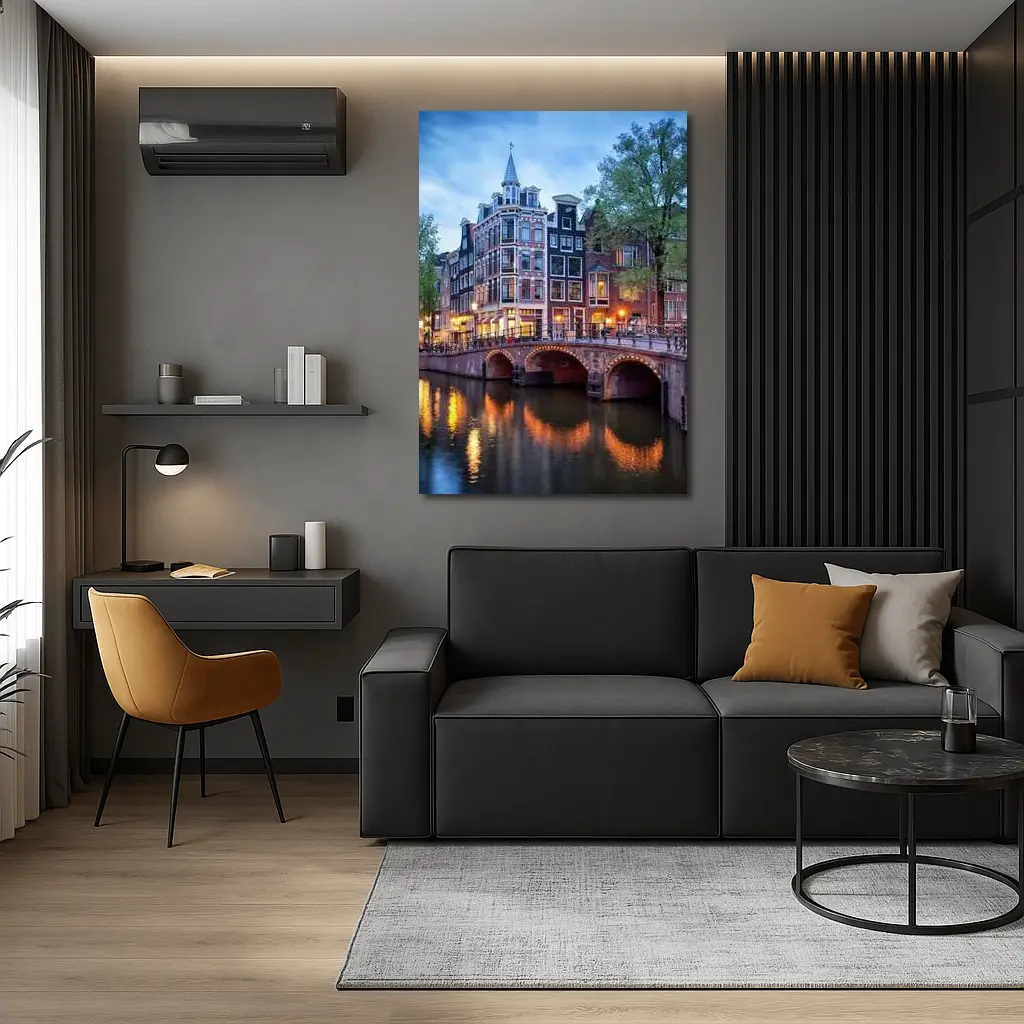 Amsterdam Canal Bridge Evening Blue Sky – Wall Art