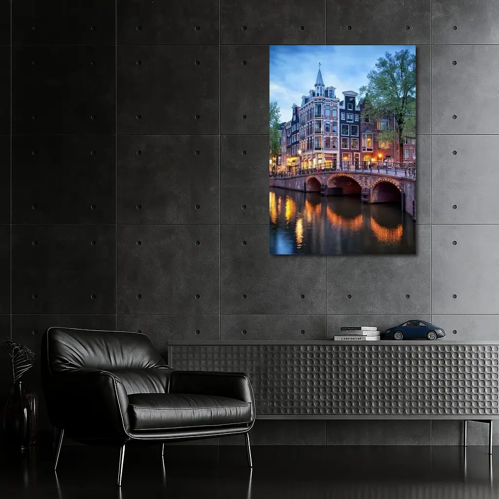 Amsterdam Canal Bridge Evening Blue Sky – Wall Art