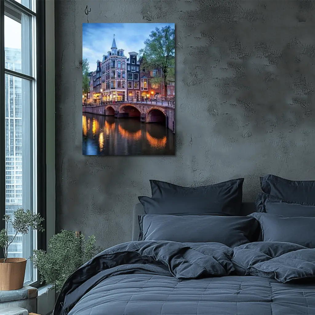 Amsterdam Canal Bridge Evening Blue Sky – Wall Art