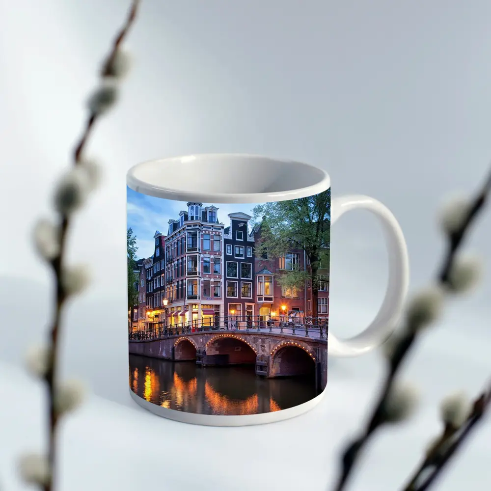 Amsterdam Canal Bridge Evening Blue Sky – Mugs