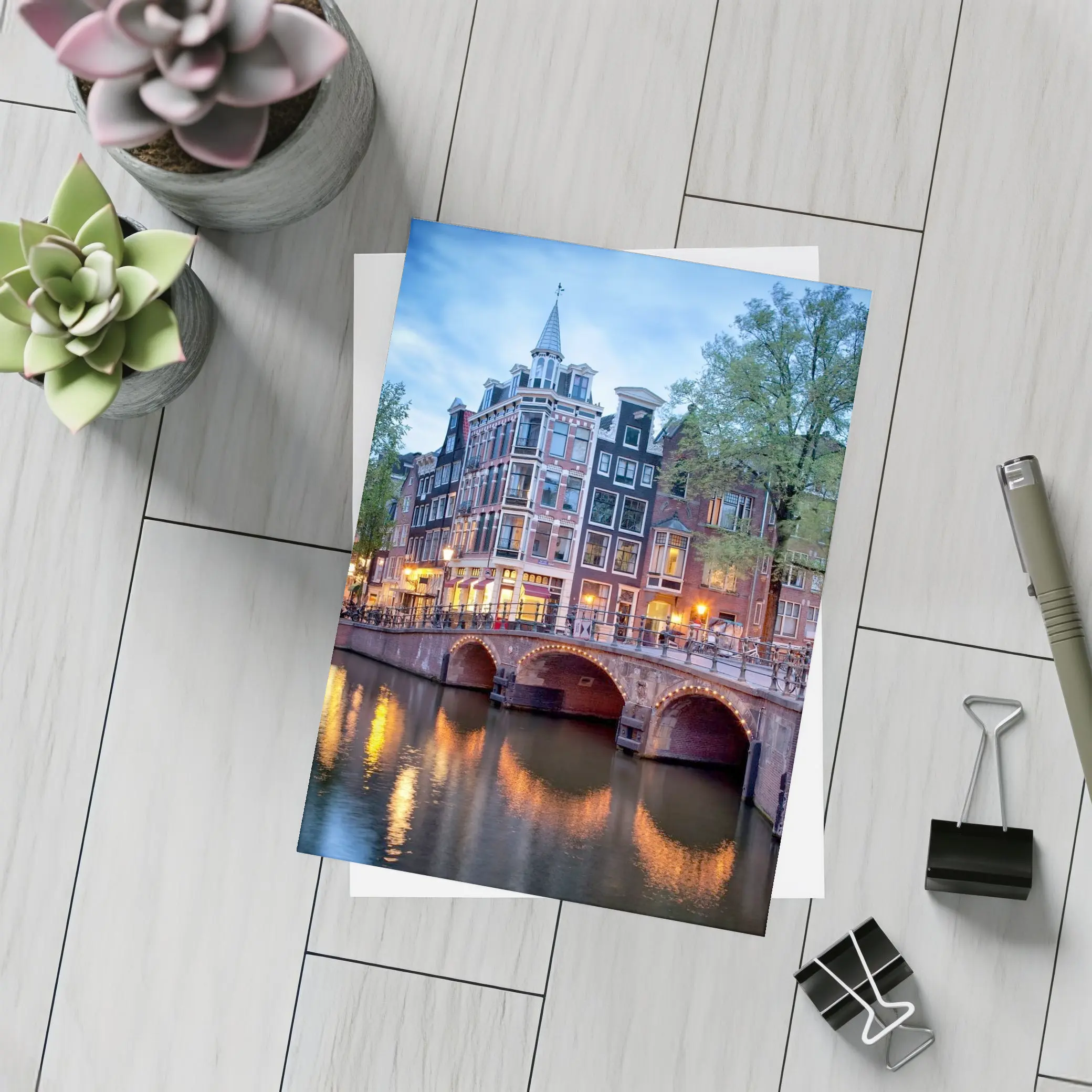 Amsterdam Canal Bridge Evening Blue Sky – Postcards