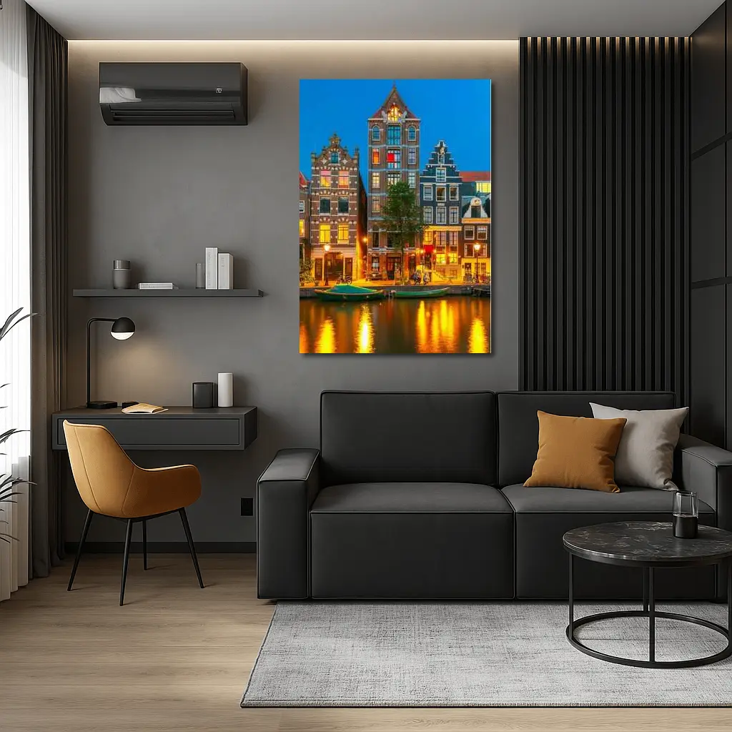 Amsterdam Canal Houses Blue Hour Night – Wall Art