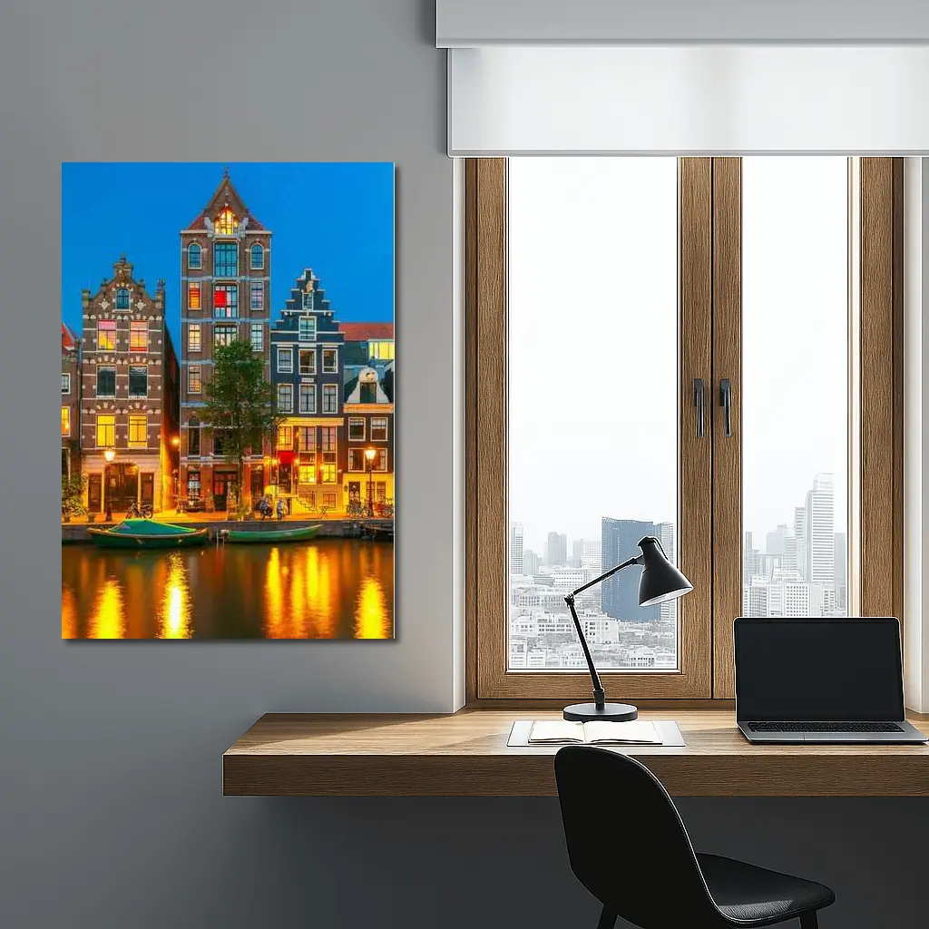 Amsterdam Canal Houses Blue Hour Night – Wall Art