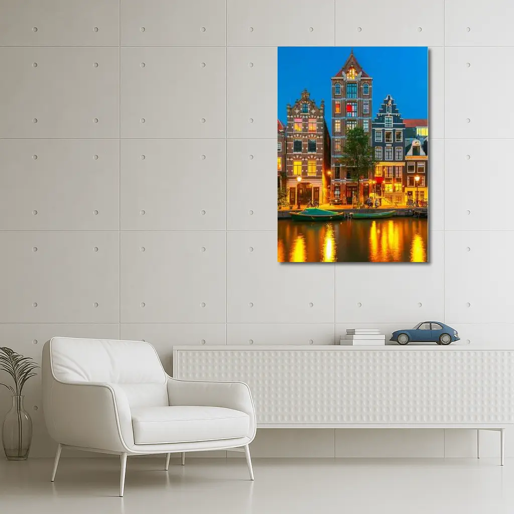 Amsterdam Canal Houses Blue Hour Night – Wall Art